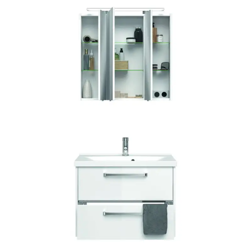 Heißes Angebot Badezimmer-Waschplatz FES-3050-66 Waschtisch in Hochglanz weiß mit Mineralgussbecken - B/H/T: 77/200/43cm