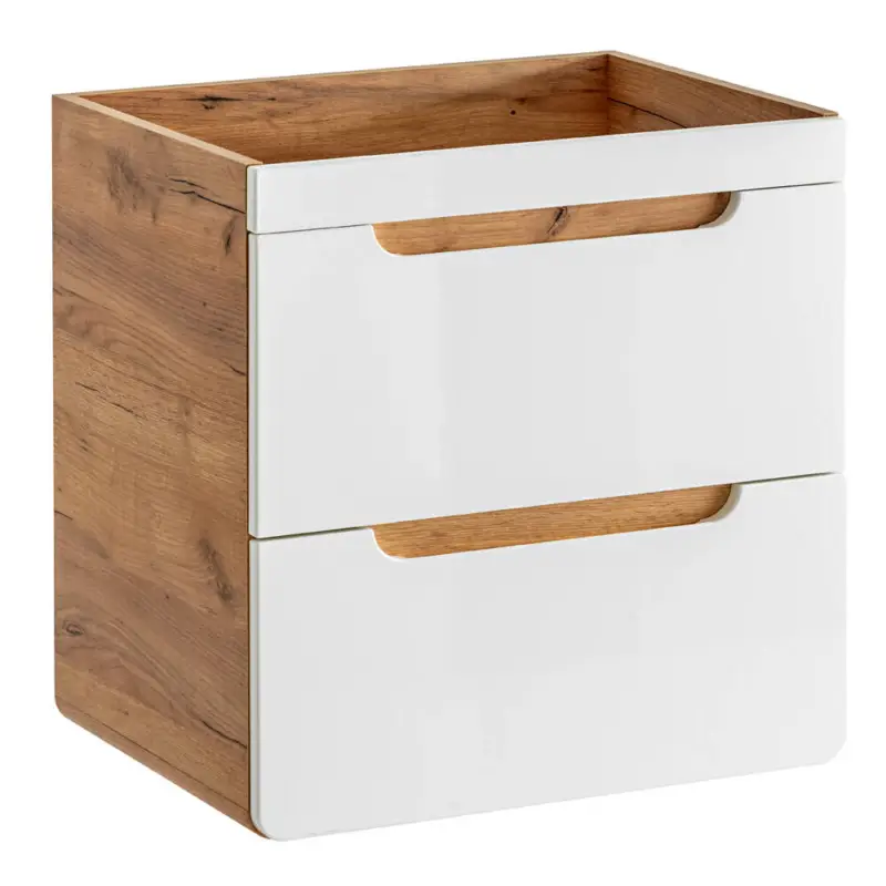 Waschtischunterschrank 60 cm OHNE Becken LUTON-56, Hochglanz weiß mit Wotan Eiche Nb., B/H/T ca. 60/59/46 cm Geprüft