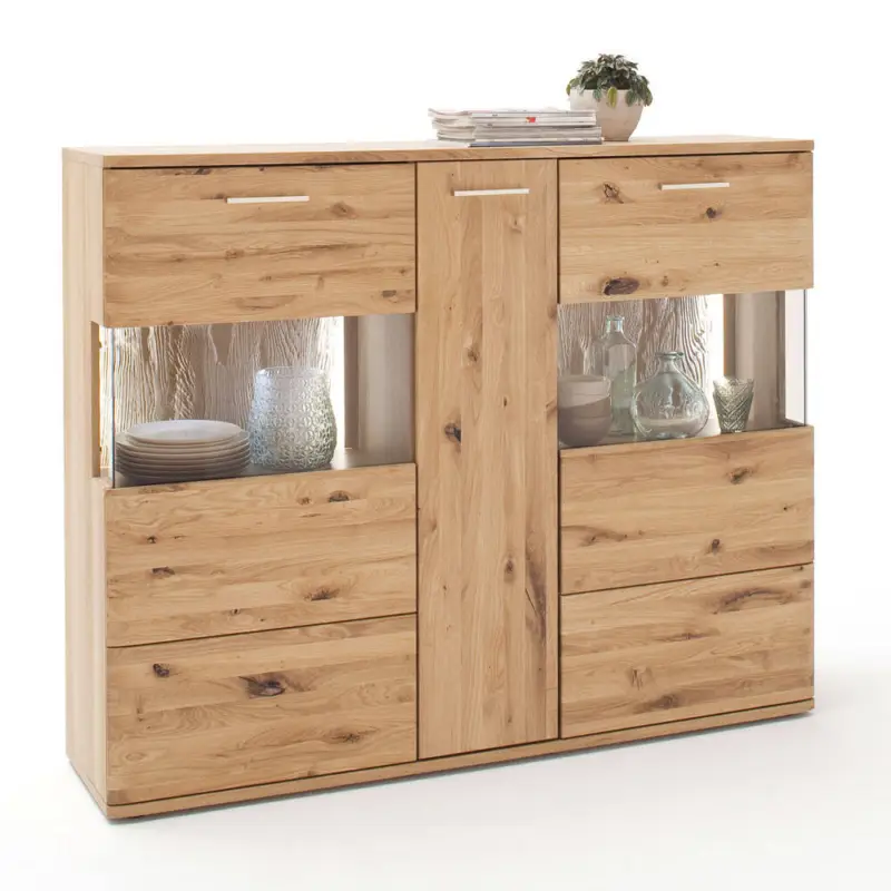 Preisreduziert Highboard Vitrine SAMARA-05 Asteiche Bianco massiv geölt, inkl. LED, B/H/T: 150/121/37cm