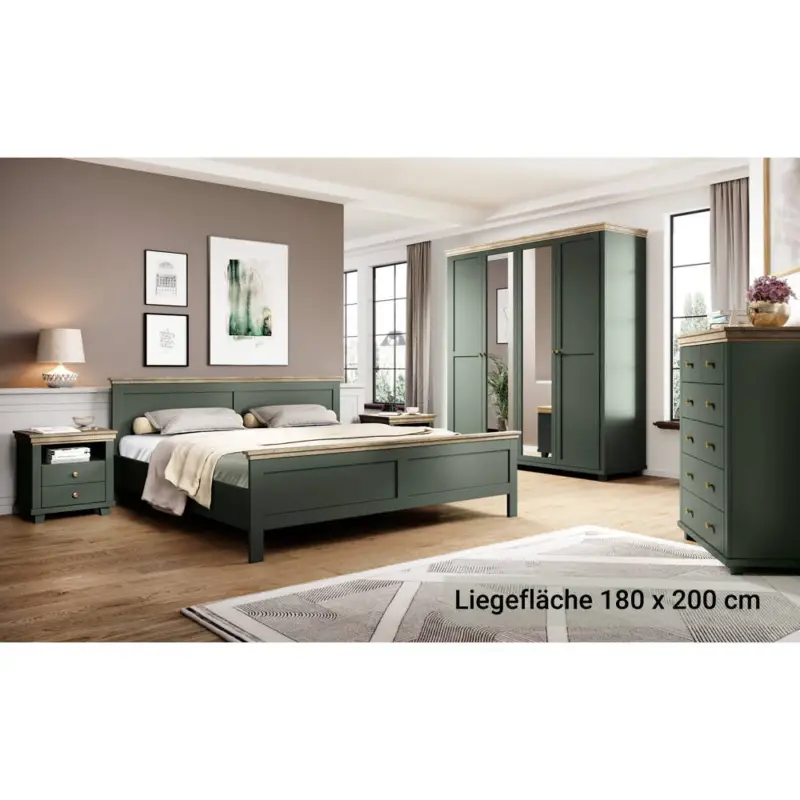 Schlafzimmer Komplett Set grün Landhausstil EPSOM-83 Doppelbett Liegefläche 180 x 200 cm, in grün mit Lefkas Eiche Nb. Mega-Angebot