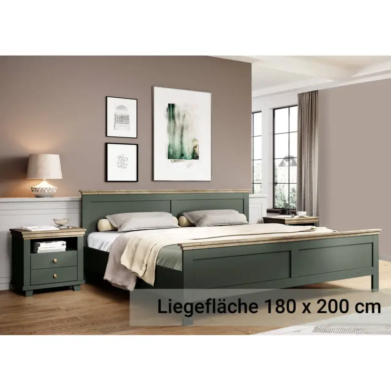 Doppelbett mit 2x Nachttisch, Liegefläche 180 x 200 cm EPSOM-83 in grün mit Lefkas Eiche Nb., B/H/T: ca. 315,5/88,5/211,5 cm Bestseller