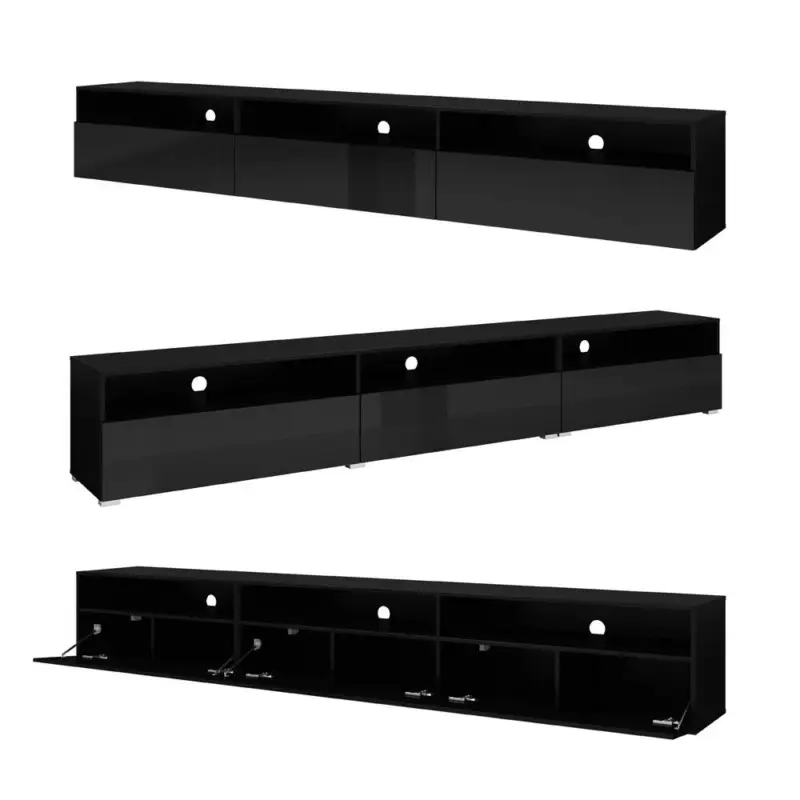 Echt Lowboard hängend und stehend montierbar 270 cm breit ARVADA-83 in schwarz Hochglanz mit schwarz matt, B/H/T: ca. 270/40/41 cm