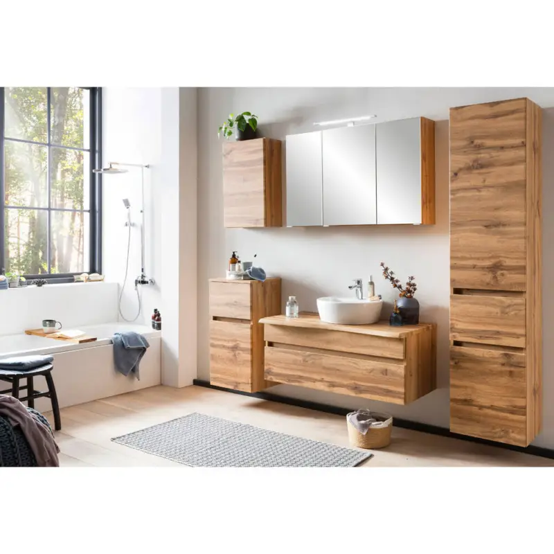 Badezimmer Kombination in Wotan Eiche Nb. mit Baumkante VIDAGO-03 inkl. Keramikbecken und LED Aufbauleuchte, B/H/T: ca. 211/200/52 cm Garantierte Lieferung