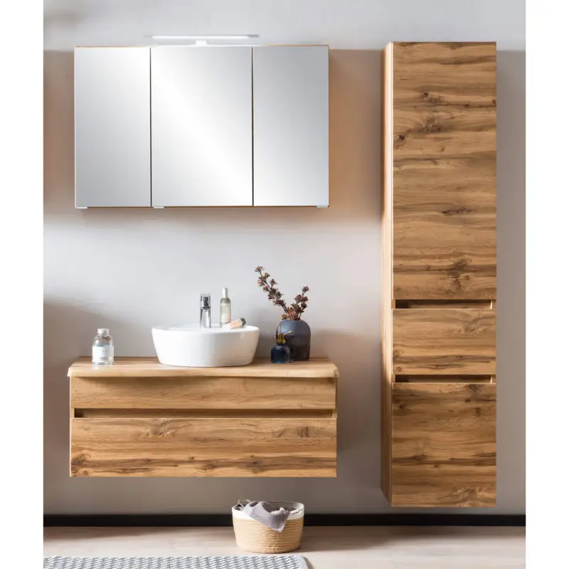 Preisreduziert Badmöbel Set Wotan Eiche Nb. mit Baumkante VIDAGO-03 mit Keramikwaschbecken und Spiegelschrank, B/H/T: ca. 156/200/52 cm