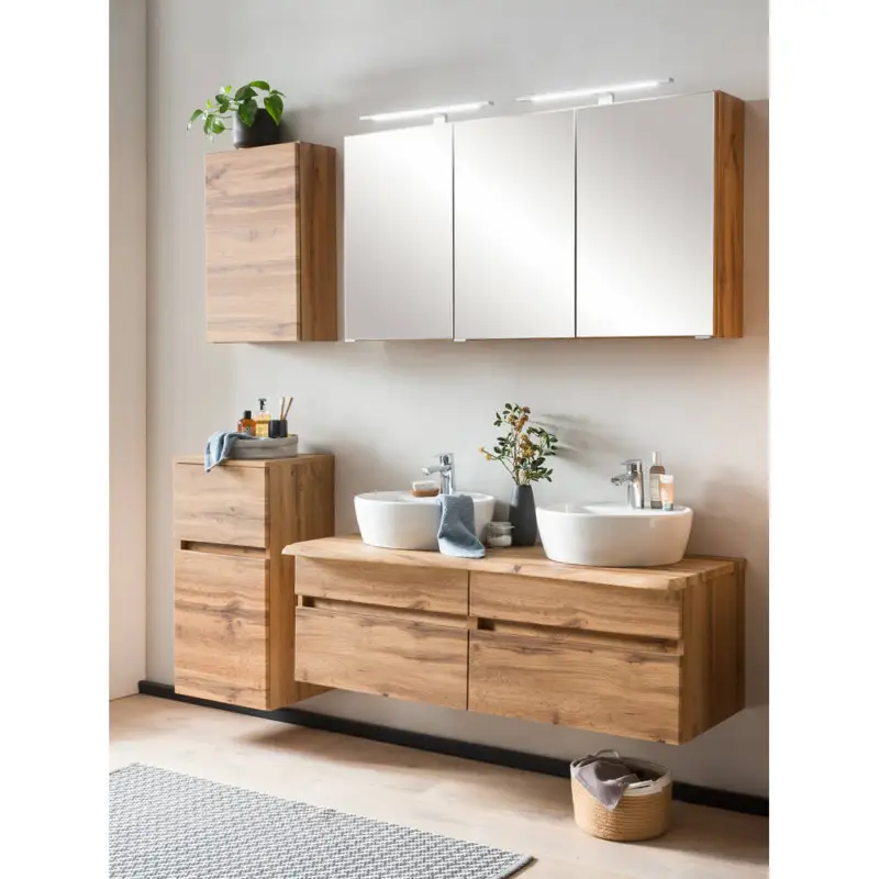 Bestseller Badezimmer Set mit VIDAGO-03 inkl. Doppelwaschtisch und Abdeckplatte in Baumkanten Optik, B/H/T: ca. 176/200/52 cm