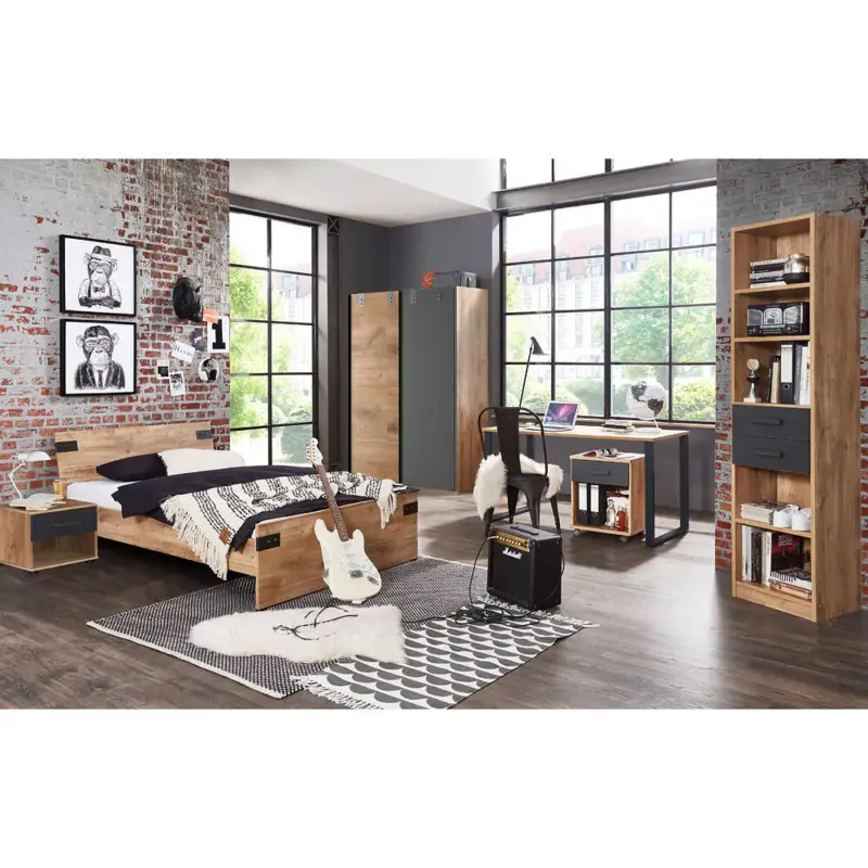 Sonderangebot Jugendzimmer mit Bett 120cm Nachtkonsole EVERTON-43 Schwebetüren Kleiderschrank 135cm und Schreibtisch Rollcontainer