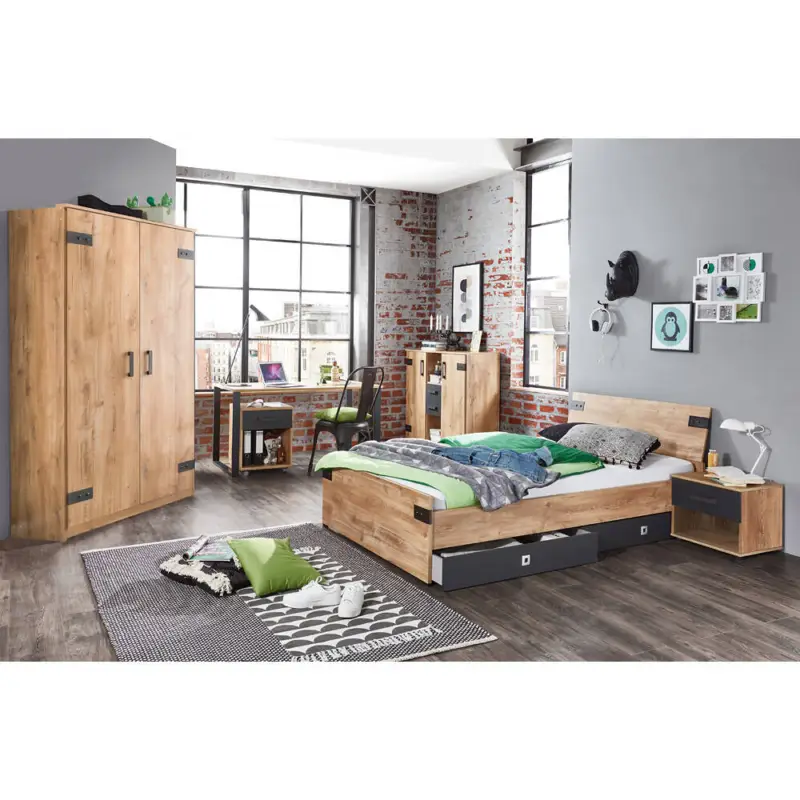 Jugendzimmer Set mit Bett in 120cm Breite EVERTON-43 Kleiderschrank 90cm und Schreibtisch mit Rollcontainer Mega-Angebot