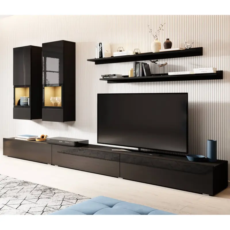 Neue Ware Wohnwand inkl. LED Beleuchtung ARVADA-83 in schwarz Hochglanz mit schwarz matt, B/H/T: ca. 270/200/41 cm
