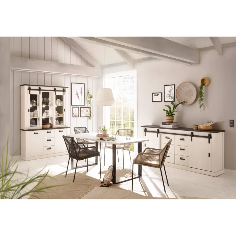 Angebot Esszimmer Set SHELTON-61 in Pinie weiß Nb. mit anthrazit, B/H/T: ca. 354/201/43 cm