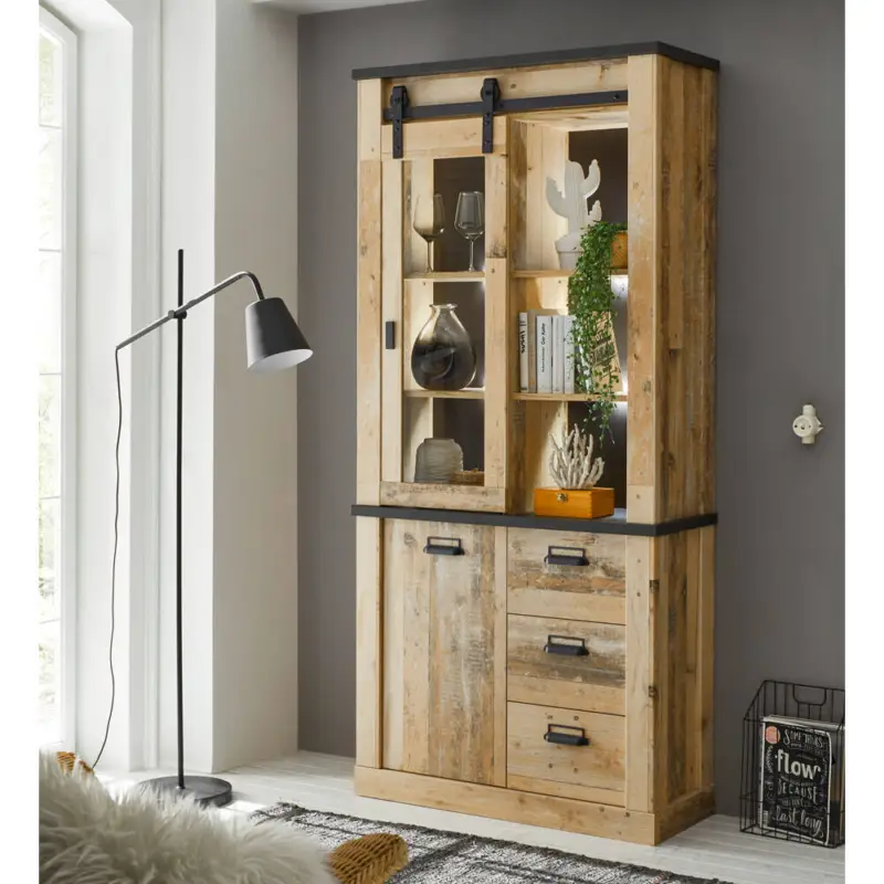 Beliebt Vitrine inkl. Beleuchtung SHELTON-61 in Old Style hell Nb. mit anthrazit, B/H/T: ca. 93/201/38 cm