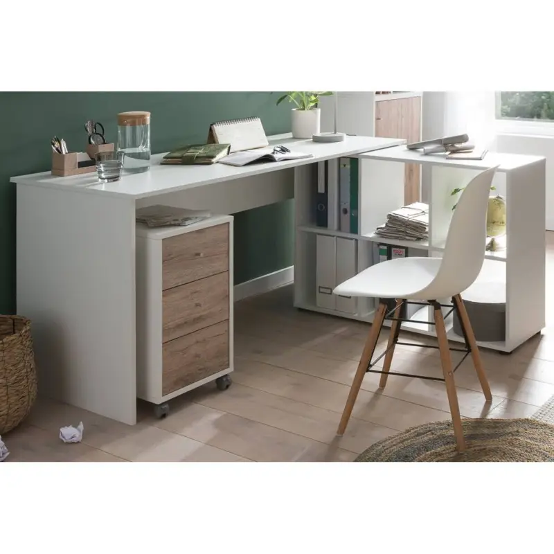 Nur Für Kurze Zeit Eckschreibtisch Büro inkl. Rollcontainer BRAGA-80 in weiß mit Wildeiche Nb., B/H/T: ca. 150/73,6/121,6