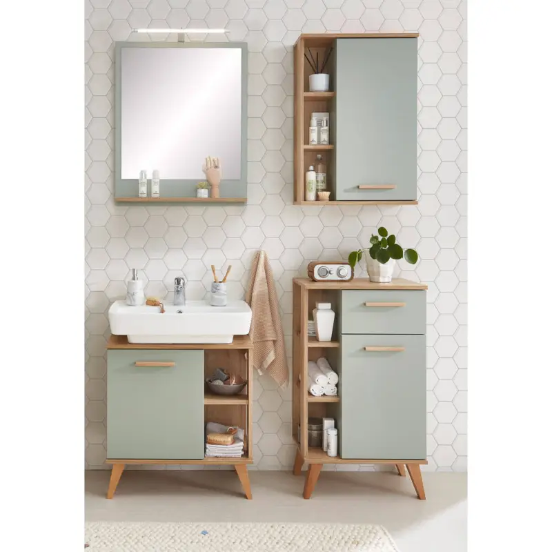 Badmöbel Set mit Beleuchtung NANNING-66 in Riviera Eiche Nb. mit Salbei Nb., B/H/T: ca. 126/200/33 cm Super-Preis