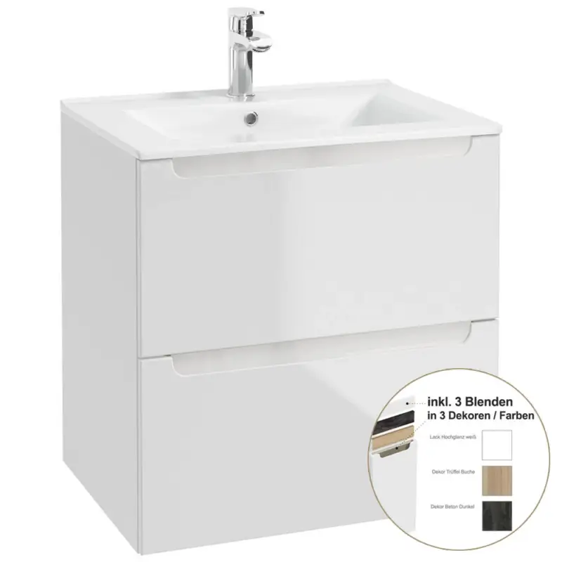 Waschtischunterschrank 60cm mit Keramikbecken SOFIA-107 Hochglanz weiß lackiert, B/H/T 60/61,5/46 cm Zertifiziert