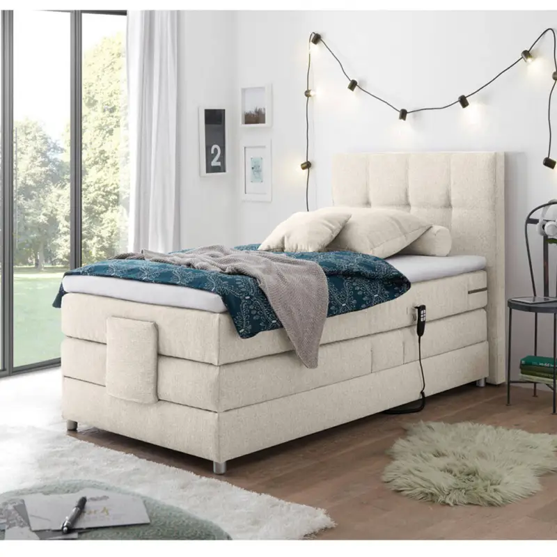 Boxspringbett Jugendbett in 120x200 cm MANAUS-09, in der Farbe Ivory creme, Taschenfederkern-Matratze, elektrisch verstellbar Direkt Vom Hersteller