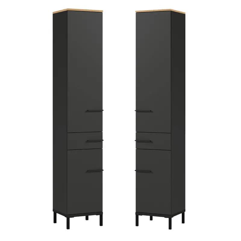 Badezimmer Hochschrank YOKOHAMA-01 in Graphit mit Absetzung in Navarra Eiche Nb., B/H/T ca. 34/190/34 cm Top-Preis