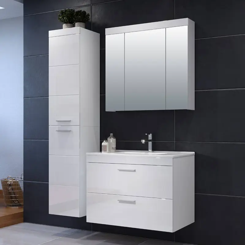 Waschplatz mit Keramik-Waschbecken inkl. Hängehochschrank DENTON-19 in Hochglanz weiß, B/H/T: ca. 131/190/47 cm Neuheit