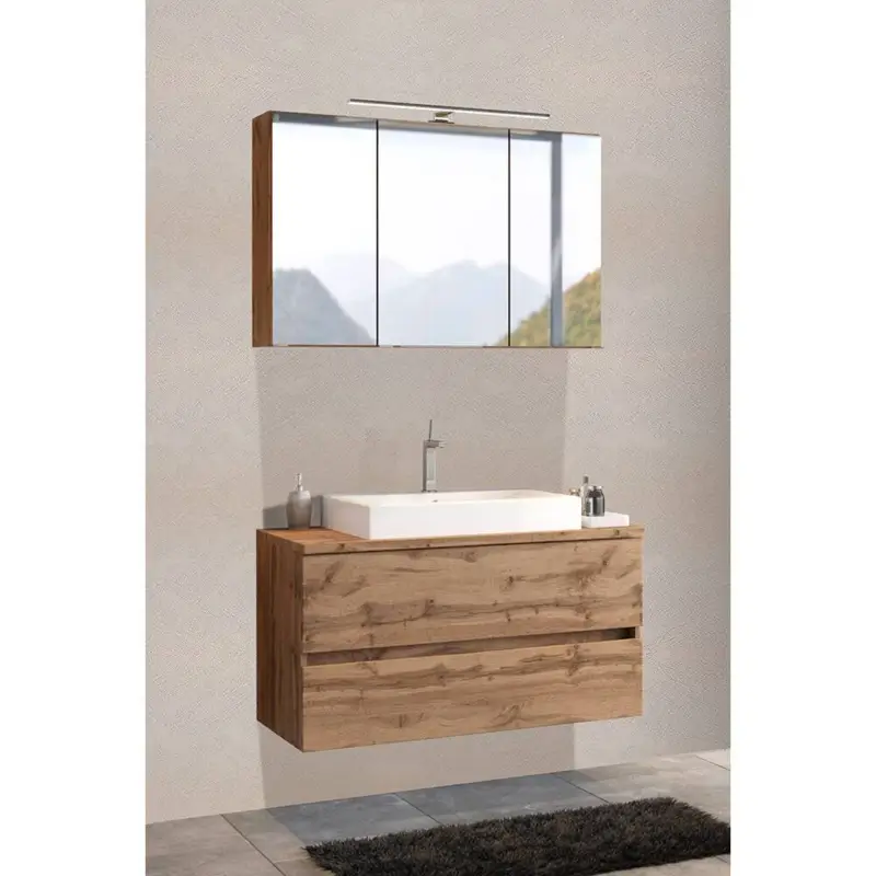 Heißes Angebot Badmöbel Waschplatz Set 100 cm PESARO-03 in Wotan Eiche Nb. inkl. Aufsatzwaschbecken, B/H/T: ca. 100/200/48 cm