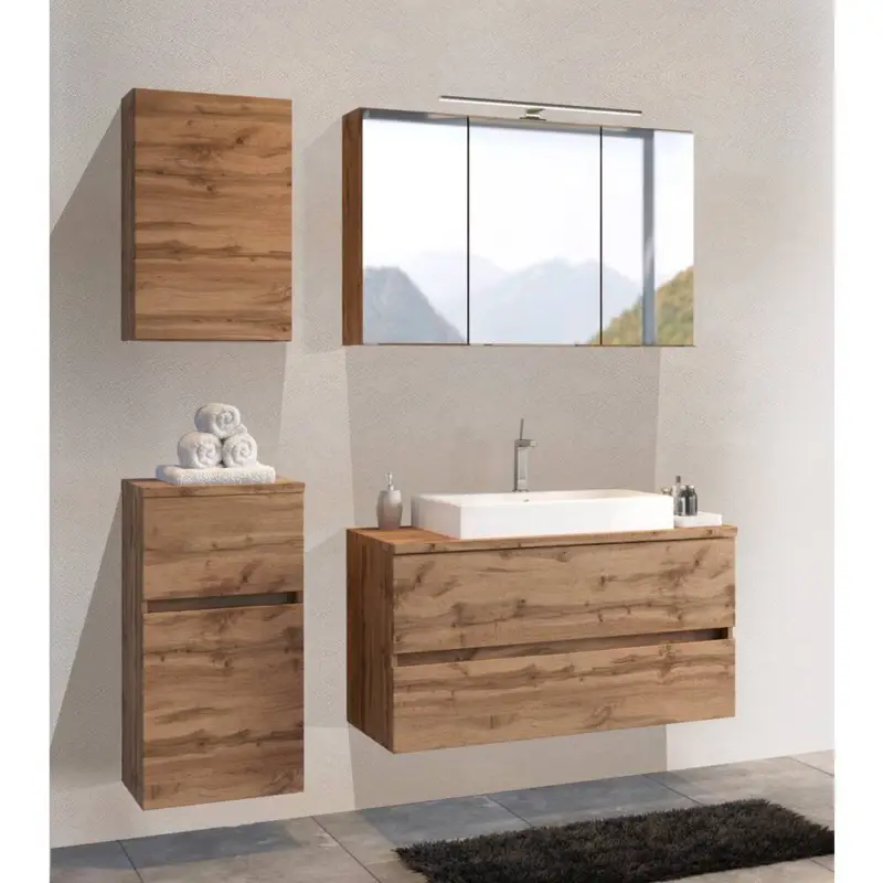 Rabatt Badmöbel Set in Wotan Eiche Nb. PESARO-03 LED Spiegelschrank und Keramik Waschbecken, B/H/T: ca. 160/200/48 cm