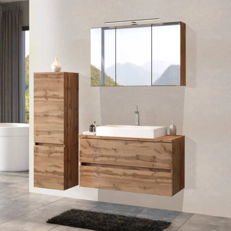 Badezimmermöbel Set PESARO-03 in Wotan Eiche Nb. inkl. Beleuchtung und Keramik Aufsatzwaschbecken, B/H/T: ca. 160/200/48 cm Neuheit