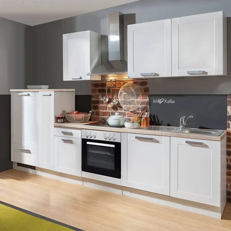 Premium Landhaus Küche weiss matt 300cm HEIDELBERG-87 inklusive E-Geräte und Apothekerschrank Top-Angebot