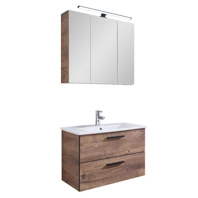 Knallerangebot Waschplatz Set mit Keramik-Waschbecken MURCIA-66 in Eiche Ribbeck quer Nb. mit schwarzen Kanten, B/H/T: ca. 75/200/45 cm