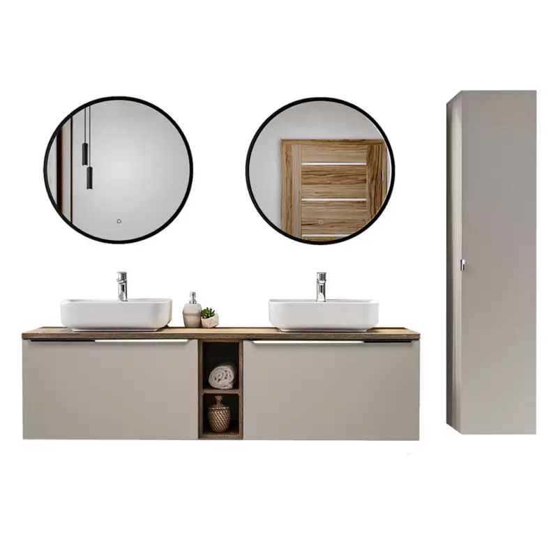 Zertifiziert Badmöbel Set PUEBLA-56-TAUPE in taupe mit Vintage Oak Eiche, B/H/T 225/200/46 cm