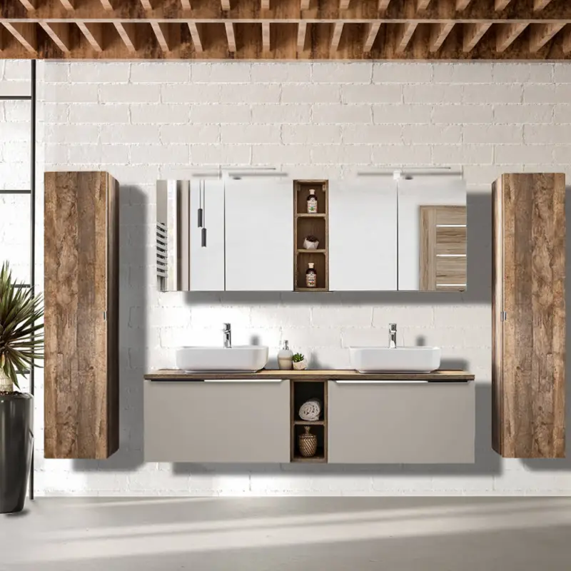 Expressversand Badmöbel Set in taupe mit Vintage Eiche PUEBLA-56-TAUPE Doppel-Waschtisch mit 2 Keramik-Waschbecken, 2 LED-Spiegelschränke & 2 Hochschränke, B/H/T 270/200/46 cm