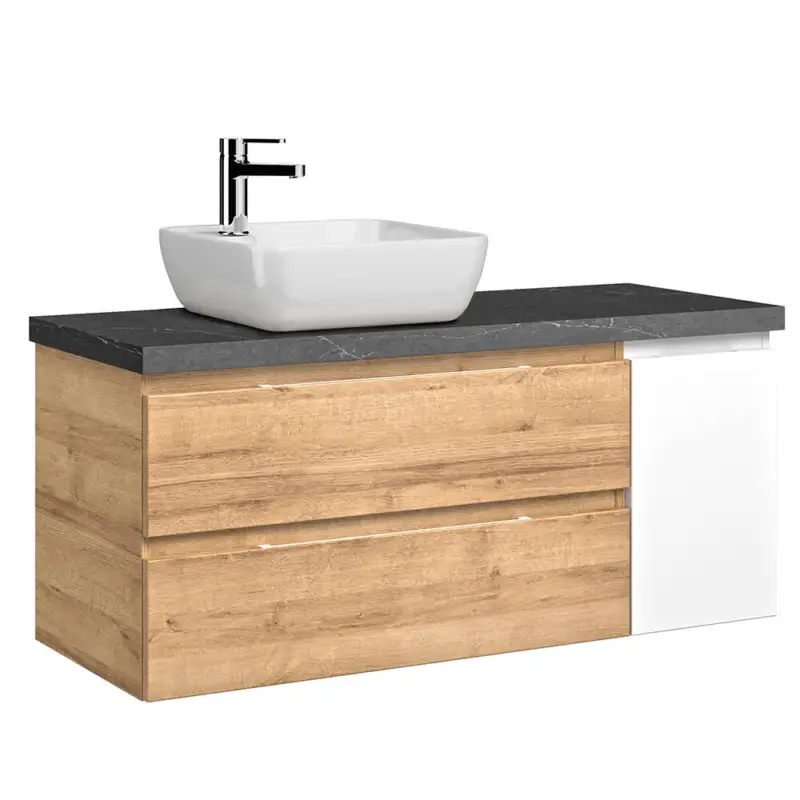 Sofort Bestellen Waschtisch Set, grifflos, in Riviera Eiche Nb. mit weiß Glanz und Waschtischplatte in Schieferoptik VILLATORO-66, B/H/T ca. 118/65,7/44,5 cm