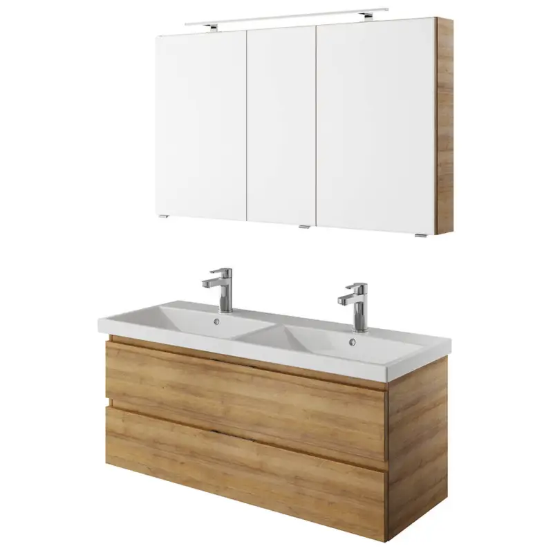 Echt Badmöbel Set, grifflos, 120cm breit, in Riviera Eiche Nb. mit Doppelwaschbecken VILLATORO-66, B/H/T ca. 120/200/45 cm
