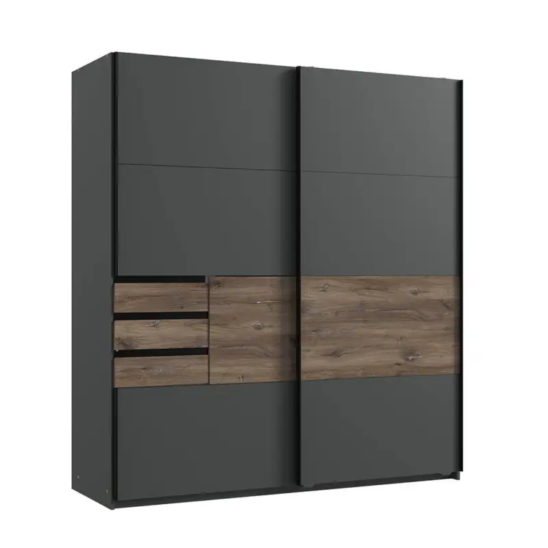 Abverkauf Schlafzimmer Schwebetürenschrank mit 3 Schubkästen in graphit mit Flagstaff Eiche Nb. BREGENZ-43, B/H/T ca. 180/198/65 cm