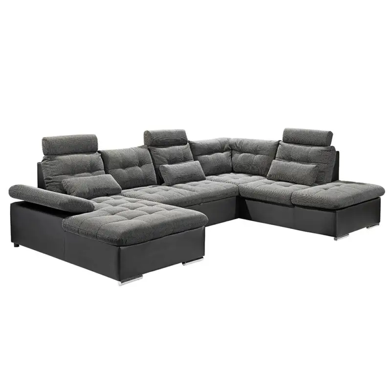 Super-Preis Wohnlandschaft mit Schlaffunktion und Kopfstützen in Webstoff dunkelgrau mit Kunstleder schwarz, U-Form mit Bettkasten rechts, Serie JACKSONVILLE-09