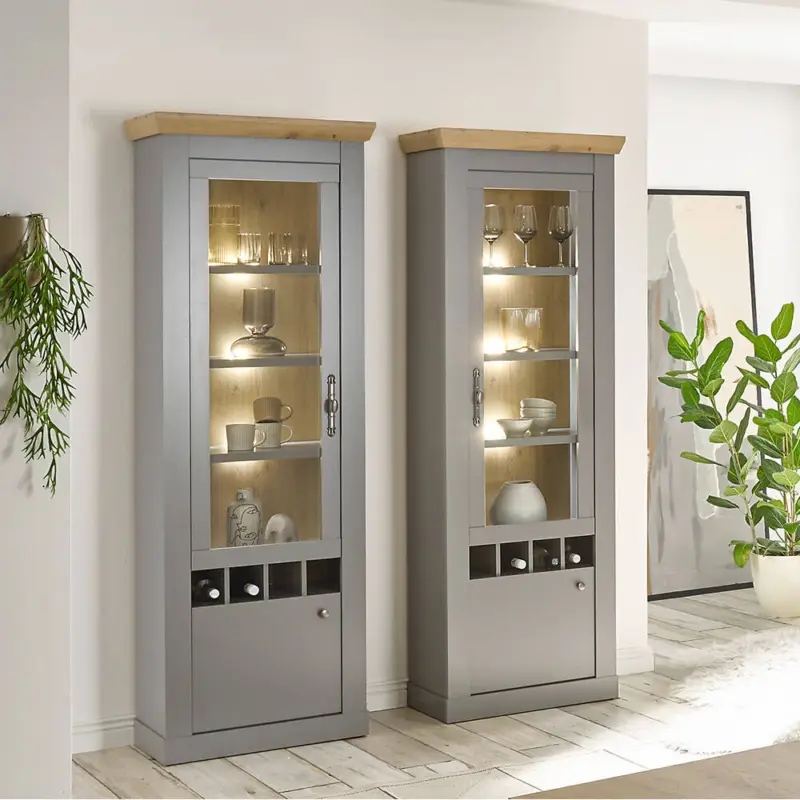 Wohn-/Esszimmer Vitrinen Set mit LED Beleuchtung in grau mit Artisan Eiche Nb. CHATHAM-61, B/H/T ca. 157/201/37 cm Preisreduziert