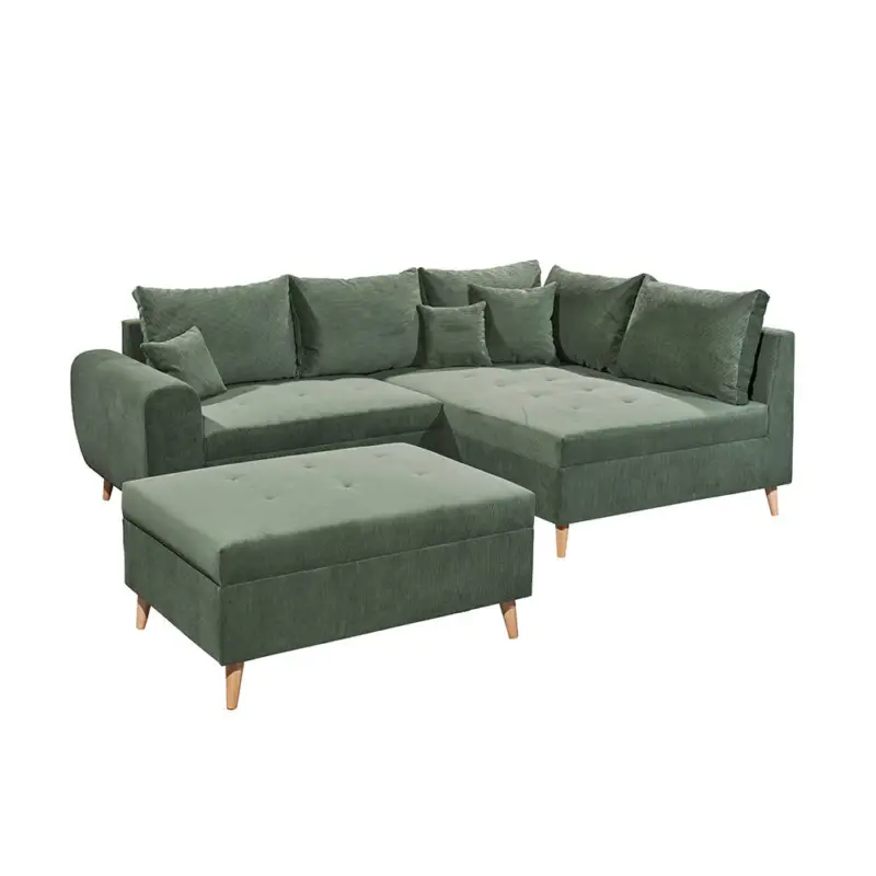 Ecksofa mit Hocker und 8 Kissen in grün, L-Form mit Recamiere rechts, Serie CUNEO-09 Highlight