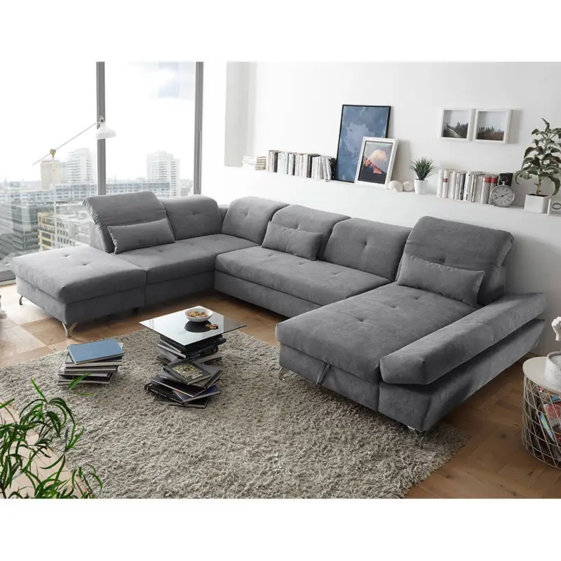 Wohnlandschaft mit Bettkasten, Schlaffunktion und verstellbaren Kopfstützen in verschiedenen Farben und Ausführungen, U-Form, Serie MUCCIA-09 Echt