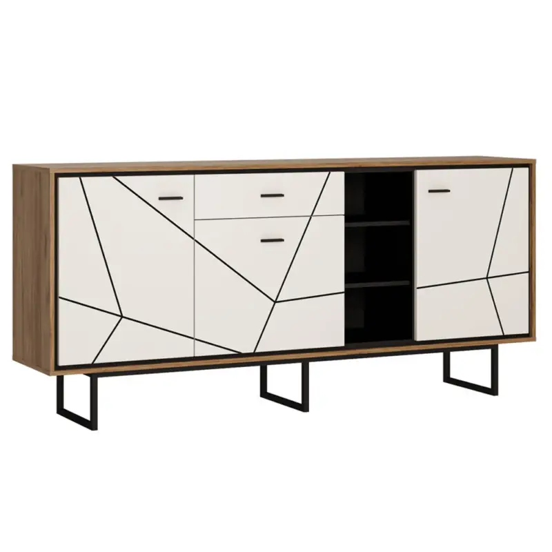 Sideboard mit offenen Fächern BRISTOL-129 in Catania Eiche Nb. mit schwarz und weiß Hochglanz, B/H/T: ca. 197,5/90,5/40 cm Preisknaller