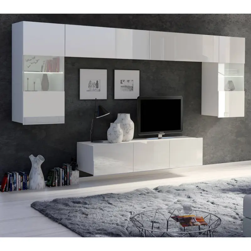 Moderne TV Wand in weiß Hochglanz mit LED Beleuchtung CAIRNS-132, B/H/T ca. 300/200/43 cm Top-Preis