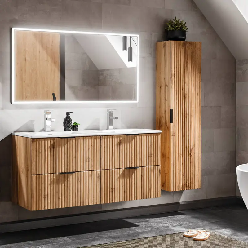 Knallerangebot Badmöbel Set mit 121cm Waschtisch ADELAIDE-56 Wotaneiche Rillenoptik, B/H/T ca. 170/200/46 cm