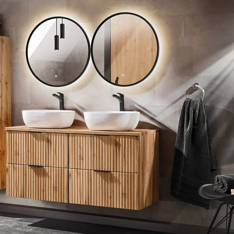 Neue Kollektion Badezimmermöbel mit 121cm Waschtisch & 2 LED-Spiegel ADELAIDE-56 Wotaneiche Rillenoptik, B/H/T ca. 120,6/200/46,5 cm