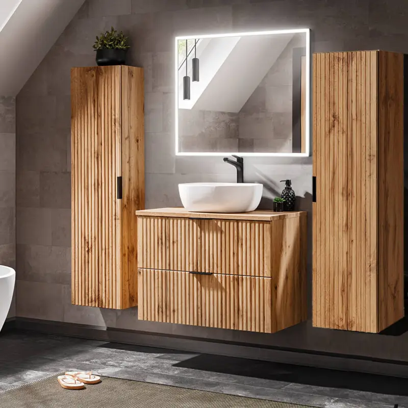 Meistverkauft Badezimmermöbel Set Wotaneiche mit Rillenoptik ADELAIDE-56 LED-Spiegel & Waschtisch mit Keramikbecken, 2 Hochschränke