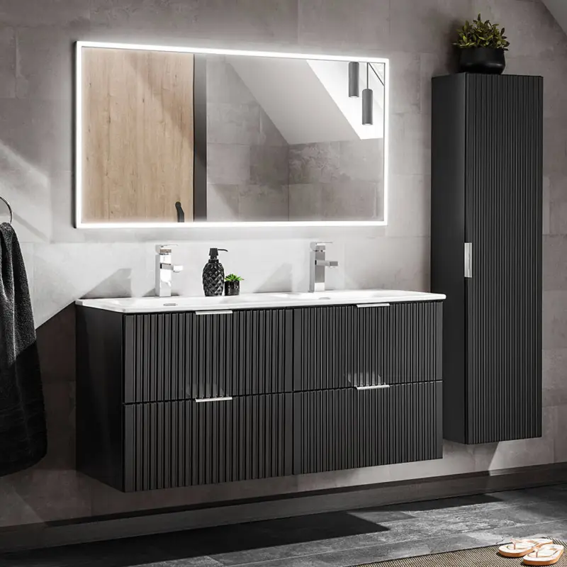 Bestseller Badmöbel Set mit 121cm Waschtisch ADELAIDE-56-BLACK in matt schwarz mit Rillenoptik, B/H/T ca. 170/200/46 cm