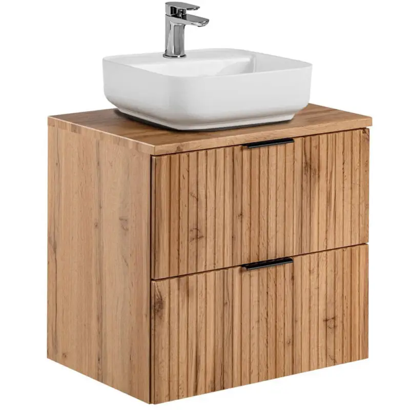 Badmöbel Waschtisch Unterschrank Set Wotaneiche gerillt, 40 cm Keramik-Waschbecken, 2 Softclose-Schubkästen, B/H/T 60,6/73,2/46,5 cm Neu