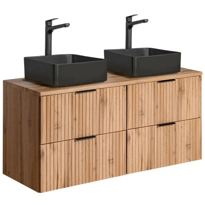 Badmöbel Waschtisch mit 120 cm Unterschrank Set Wotaneiche gerillt, Keramik-Waschbecken schwarz, 4 Softclose-Schubkästen, B/H/T 120,6/72,2/46,5 cm Beliebt