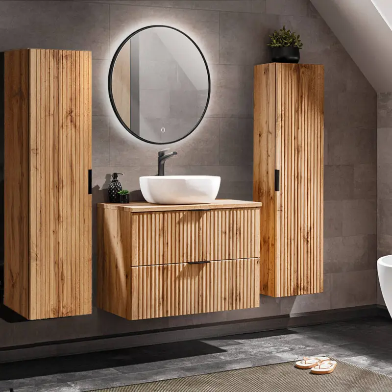 Badmöbel Komplett Set Wotaneiche mit Rillenoptik ADELAIDE-56 LED-Spiegel & Waschtisch mit Keramikbecken, 2 Hochschränke Kracherpreis