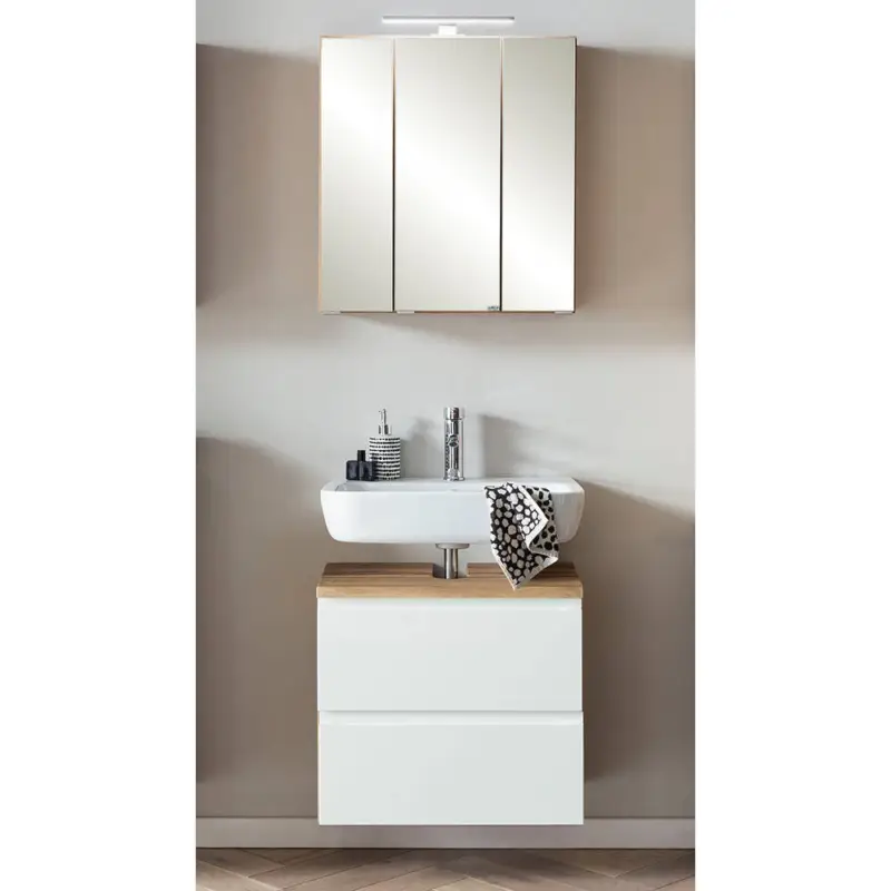 Waschbeckenunterschrank mit Spiegelschrank, 60cm, LED Beleuchtung, VASTO-03-WHITE, Wotan Eiche Nb. mit weiß matt, B/H/T ca. 60/200/35 cm Günstig