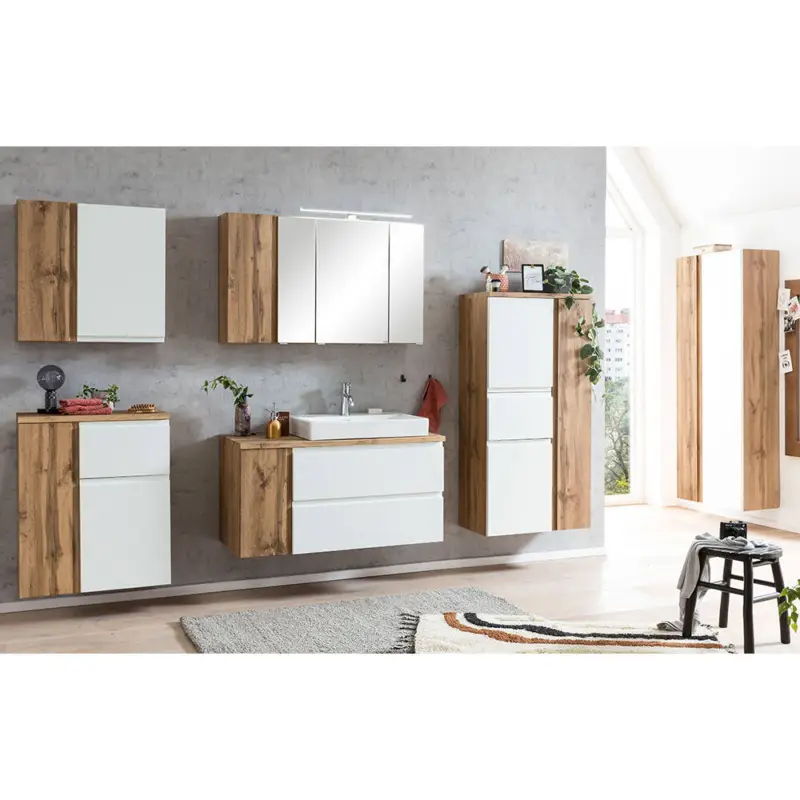 Abverkauf Badmöbel Komplett Set inkl. Keramik-Waschbecken rechts und LED Beleuchtung in Wotan Eiche Nb. mit weiß matt, VASTO-03-WHITE