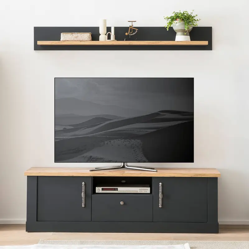 2-tlg Wohnwandset in anthrazit mit Wotan Eiche Nb. im Landhaus Design, B/H/T ca. 158/170/45 cm Neuheit