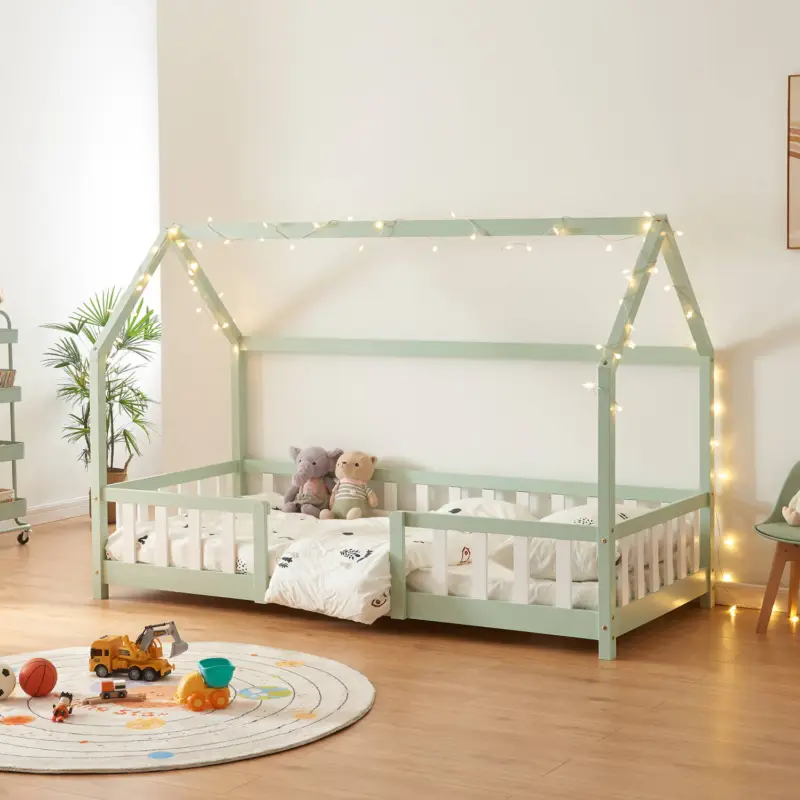 Super-Preis Bett für Kinder mit Dach und Rausfallschutz SORO-100 Liegefläche 90x200 cm, mint mit weiß