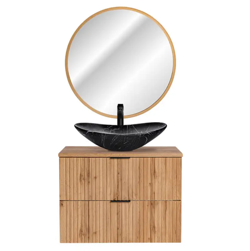 Badmöbelset Wotaneiche Rillenoptik Keramik Waschtisch, 80 cm LED-Spiegel gold gebürstet, B/H/T 80,6/200/46,5 cm Echt