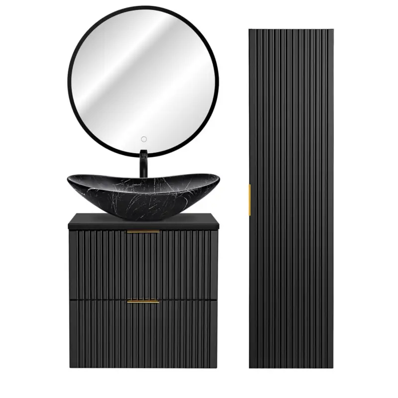Badezimmer Möbel Set mit Hochschrank, LED Spiegel und Keramik Waschbecken, matt schwarz gerillt, ADELAIDE-56-BLACK, B/H/T ca. 110/200/46,5 cm Highlight