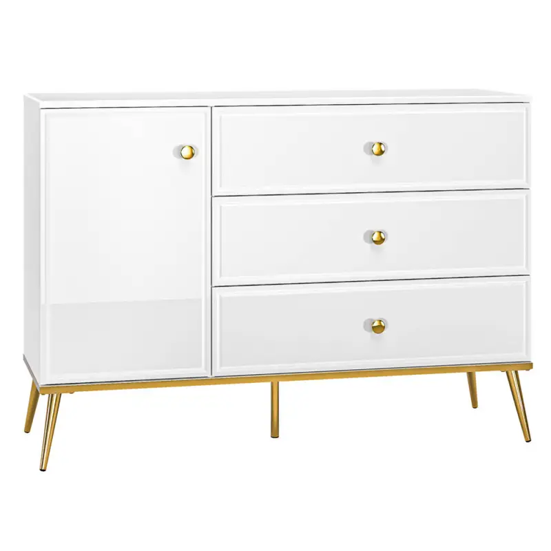 Kommode Sideboardin weiß Hochglanz mit goldfarbenen Griffen und Füßen GUBIN-131, B/H/T: ca. 120/85/40 cm Schnäppchen